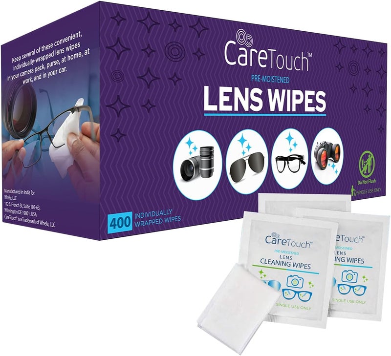 Care Touch Lens Wipes for Eyeglasses- 400 Count Individually Wrapped Pre- Moistened Wipes, 5 x 6 Inch- Camera Lens, Sunglasses and Glasses Cleaner,- Gentle and Portable for Cleaning of Optical Devices - Image 1